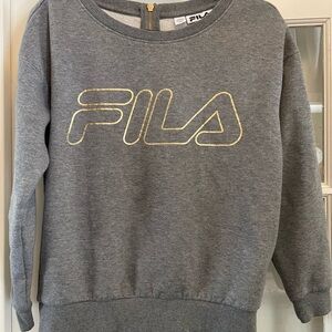 Fila Womens Sweatshirt Size M Gray Gold Logo Back Zip Long Sleeve